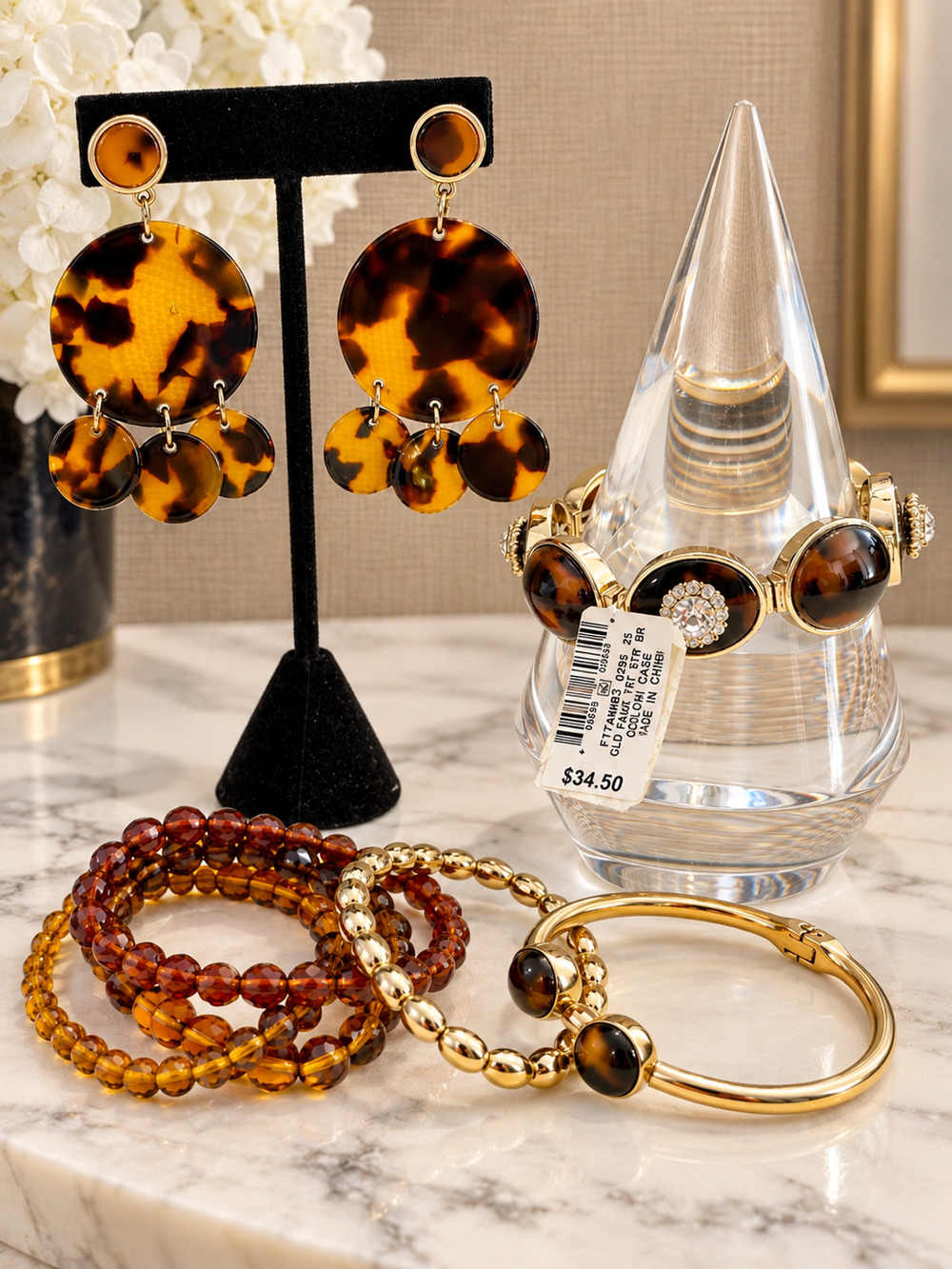 Lot 7 Statement Jewelry Set Tortoiseshell Chandelier Earrings Beaded Bracelets